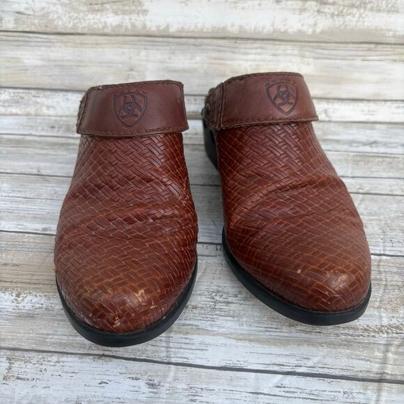 Ariat Shoes Sz 6 Mules Slingback Brown Woven Leather Western Chunky Cowgirl Boho - Picture 3 of 14